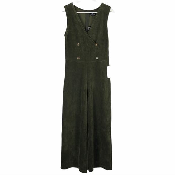 ANGIE Green Corduroy Cropped Jumpsuit Small NWT Stretch Surplice Button Boho - Picture 6 of 9